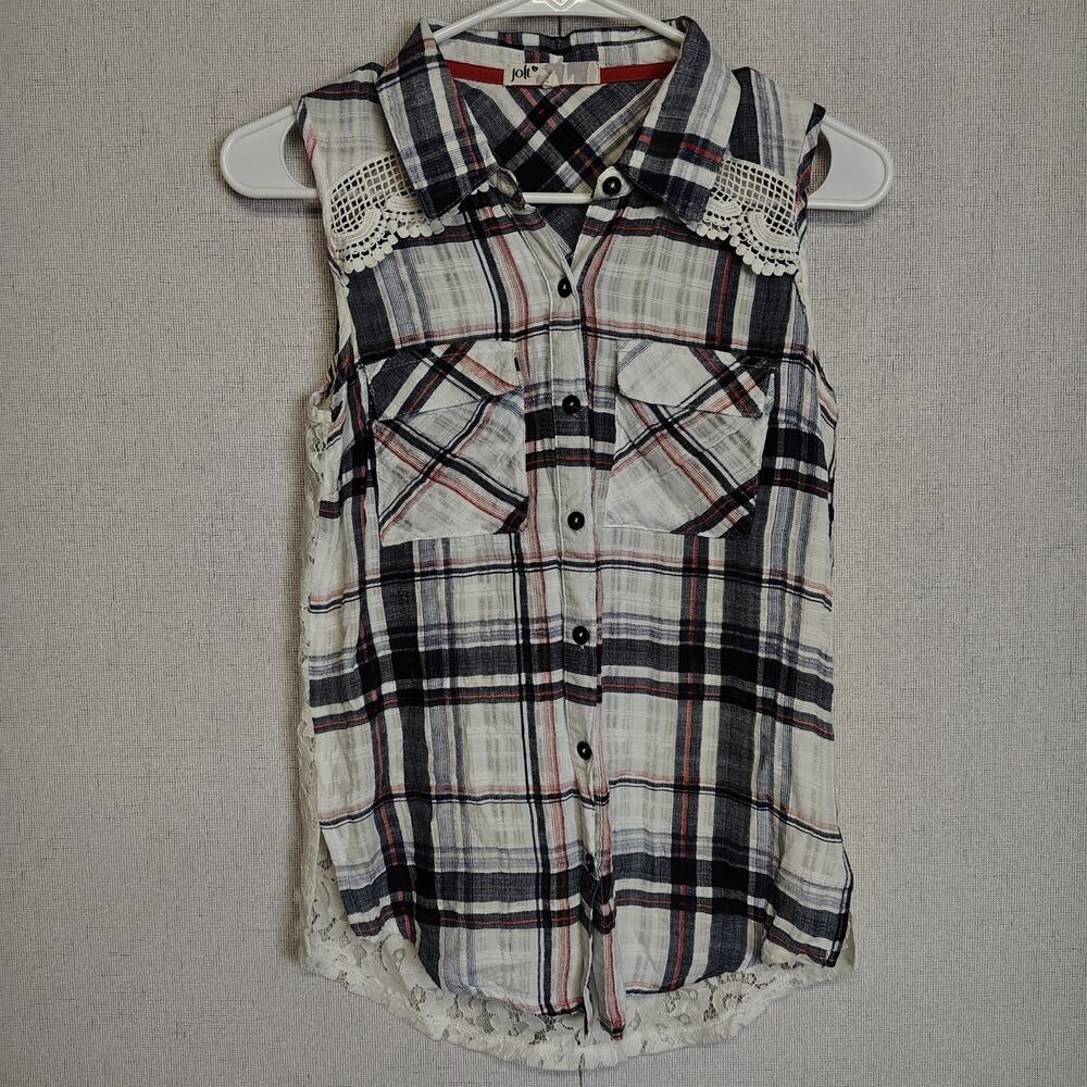 Jolt Women's XS Plaid Lace Back Sleeveless Button Front Blouse